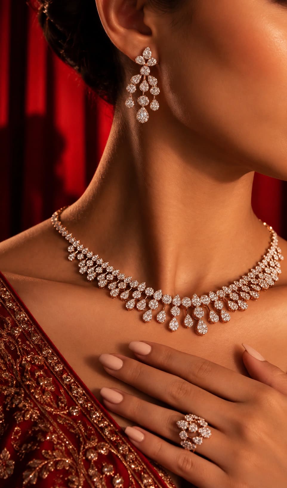 Diamond chandelier earrings, a layered diamond necklace and a cluster ring