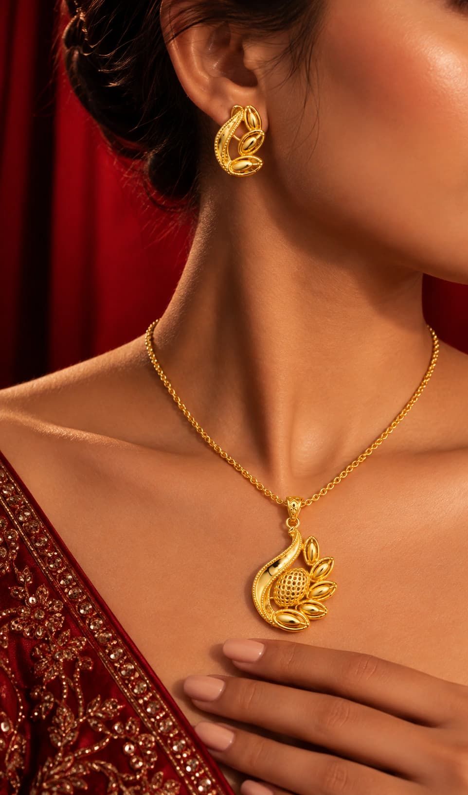 Woman in a crimson saree wearing gold jhumkas and a gold pendant necklace