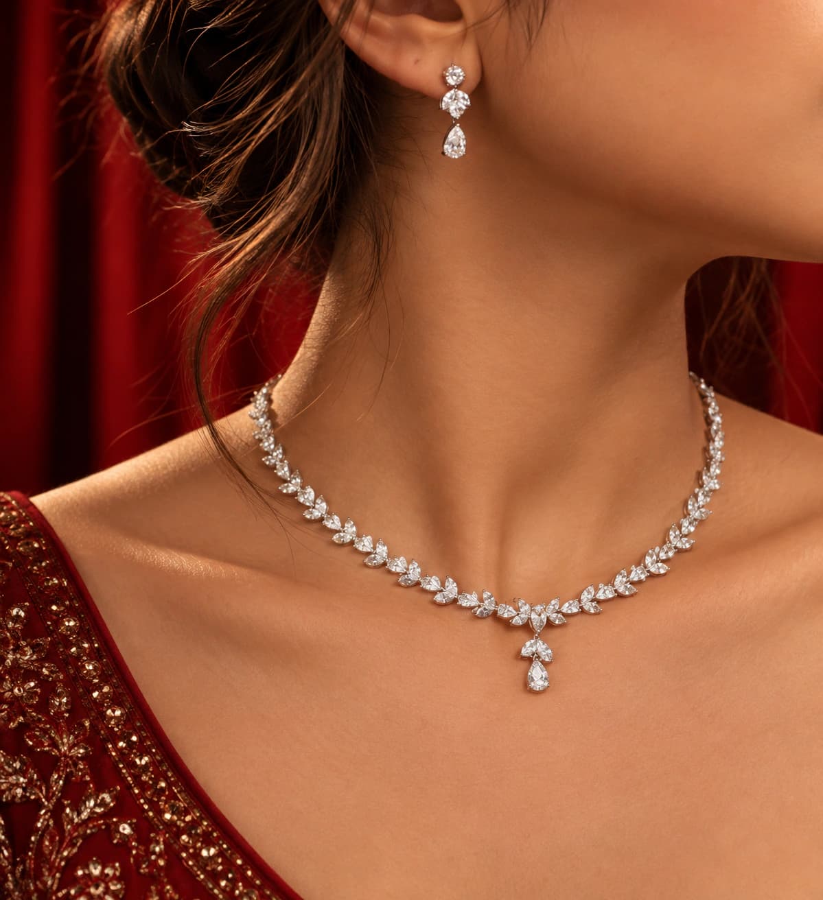 Woman in a red saree wearing a white necklace with matching drop earrings