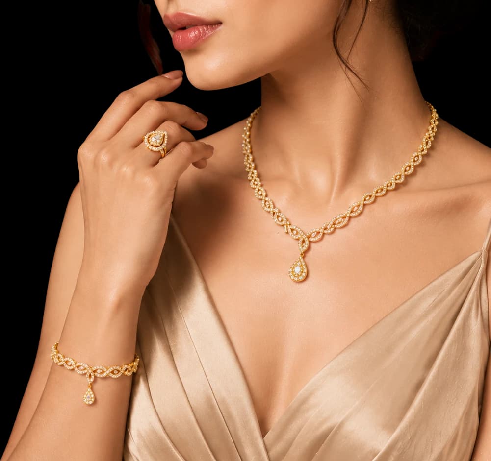 Model wearing a gold neckset, ring and bracelet