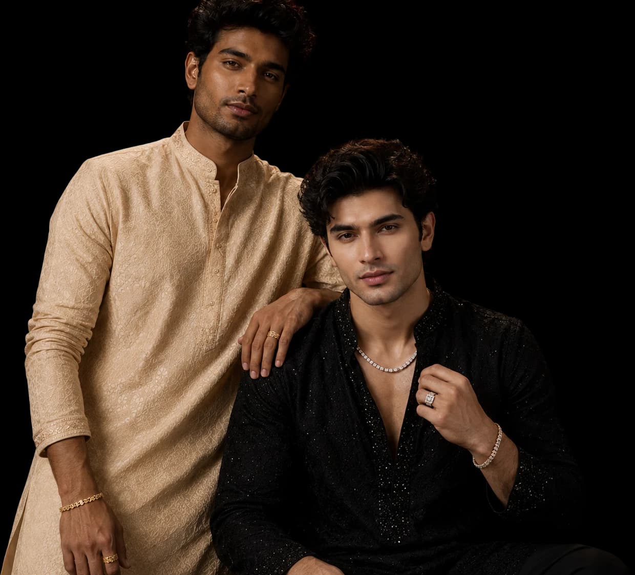 Two men wearing bracelets, a ring and a neckchain from R M Gold