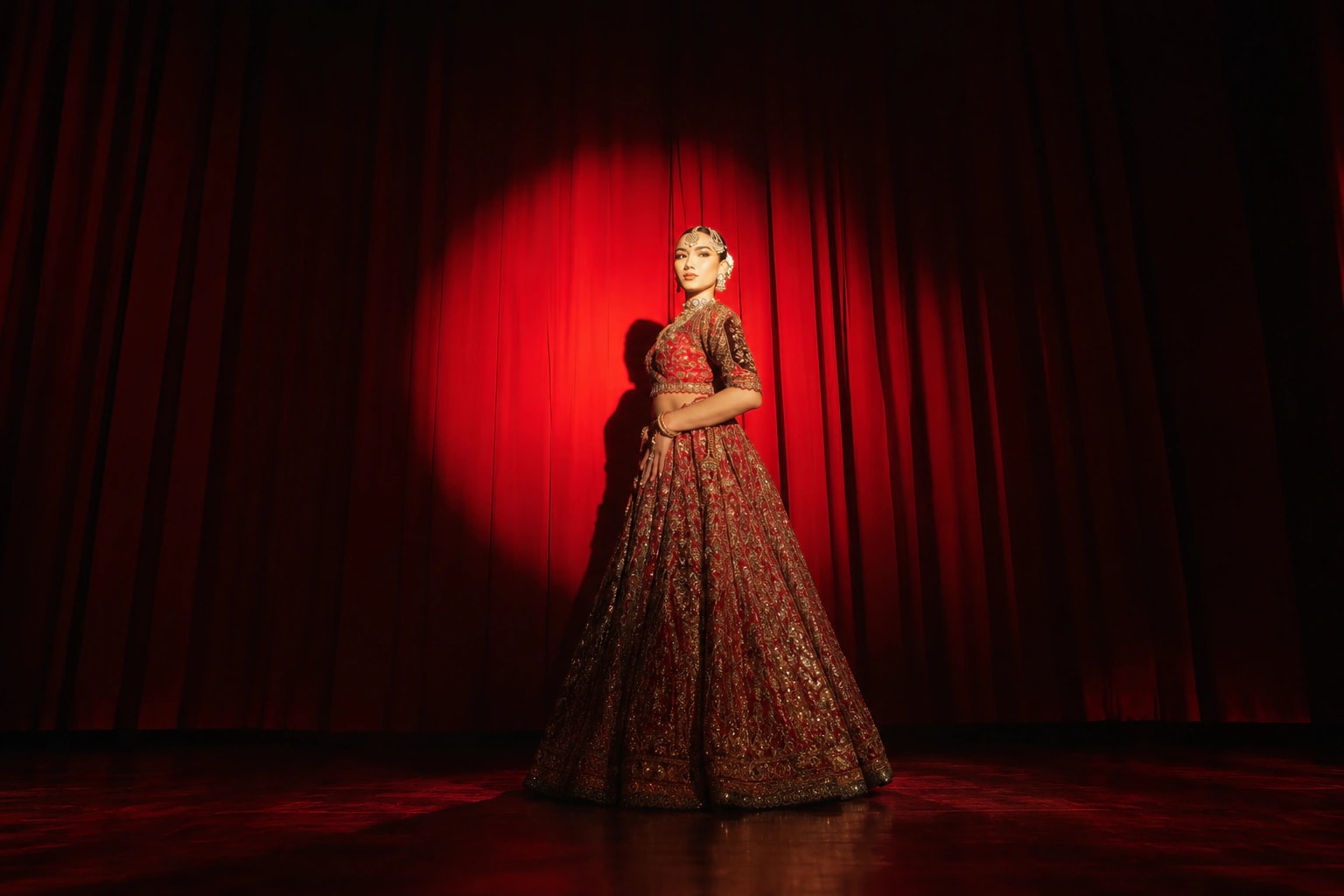 Bride in an embroidered red lehenga and gold maang tikka, standing in a spotlight against a red stage curtain