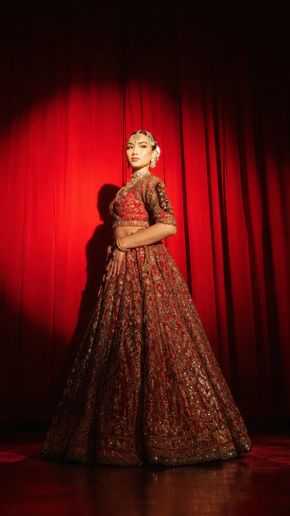 Bride in an embroidered red lehenga and gold maang tikka, standing in a spotlight against a red stage curtain