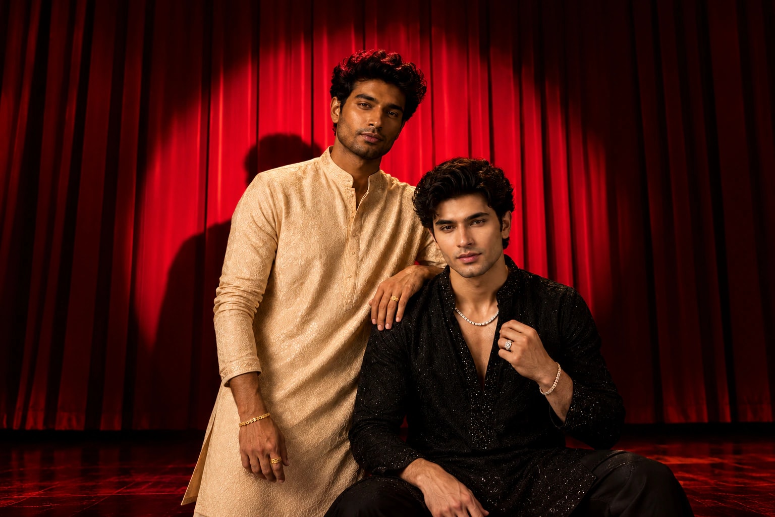 Two men in kurtas wearing a gold bracelet, rings, a diamond chain and a diamond bracelet from R M Gold