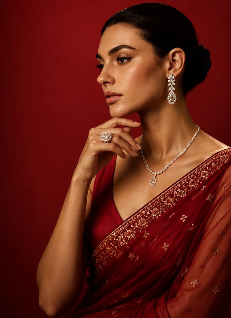 Model wearing a diamond neckset, earrings and ring from R M Gold